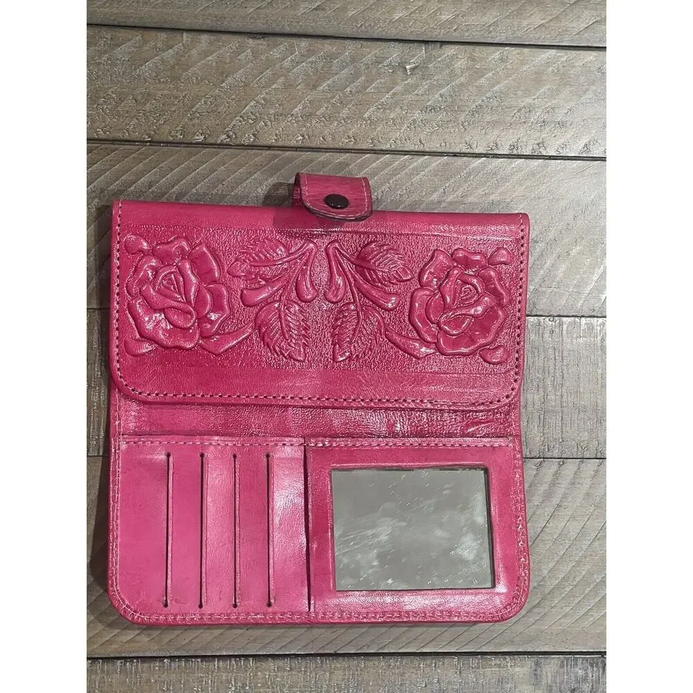 Womens Hand Embroidered & Embossed Leather Tri-Fold Wallet Mirror/Change Pouch